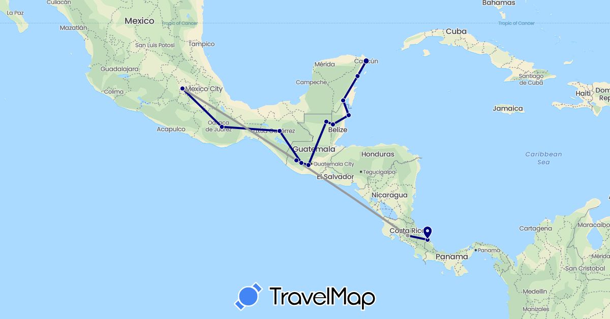 TravelMap itinerary: driving, plane in Belize, Costa Rica, Guatemala, Mexico (North America)